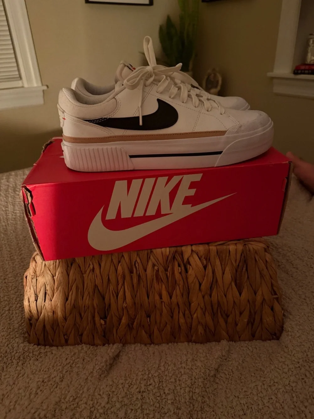 Nike White Low-Top Sneakers with Black Swoosh and Tan Stripe
